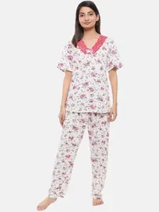 V-Mart Floral Printed Pure Cotton Top With Pyjamas Night Suit