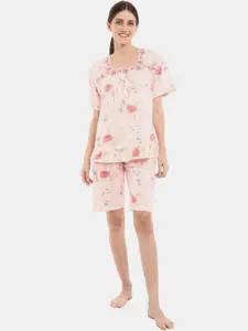V-Mart Floral Printed Square Neck Pure Cotton Night suit