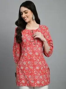 KALINI Floral Printed Tie-Up Neck Pure Cotton Straight Kurti