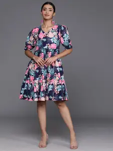 Varanga Floral Print Puff Sleeves Tiered A-Line Dress