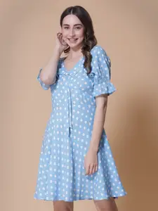 God Bless Polka Dot Printed Puff Sleeves A-Line Dress