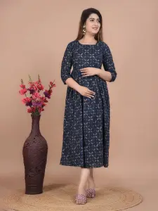 UNIBLISS Floral Printed Cotton Maternity A-Line Midi Dress
