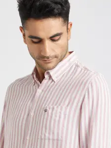 THE BEAR HOUSE Slim Fit Vertical Striped Button-Down Collar Cotton Linen Casual Shirt