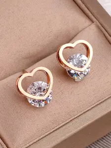 Jewels Galaxy Rose Gold Plated CZ Studded Heart Shaped Stud Earrings