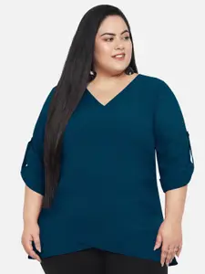 wild U Turquoise Plus Size Roll-Up Sleeves Layered Crepe Top