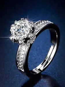 Jewels Galaxy Silver-Plated Crystal-Studded Anti-Tarnish Solitaire Finger Ring