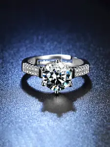 Jewels Galaxy Silver-Plated AD-Studded Contemporary Anti-Tarnish Solitaire Adjustable Ring