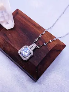 Jewels Galaxy Silver-Plated CZ-Studded Anti-Tarnish Square Pendant With Rope Chain