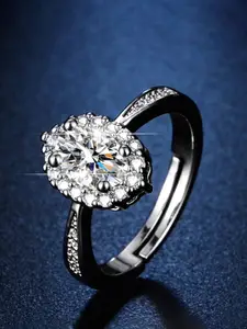 Jewels Galaxy Silver Plated AD-Studded Oval Contemporary Adjustable Finger Ring