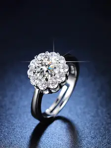 Jewels Galaxy Silver-Plated American Diamond-Studded Floral Adjustable Finger Ring