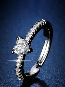 Jewels Galaxy Silver-Plated American Diamond Studded Heart Shape Adjustable Finger Ring