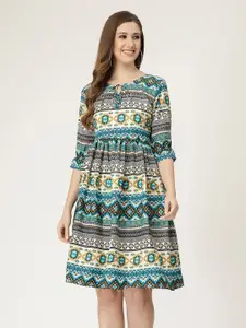 MISS AYSE Ethnic Motifs Printed Tie-Up Neck Crepe Fit & Flare Dress