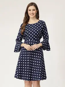 MISS AYSE Polka Dot Printed Bell Sleeves Crepe Fit & Flare Dress