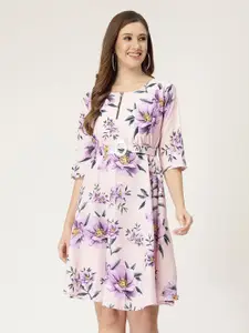 MISS AYSE Floral Printed Belted Fit & Flare Dress