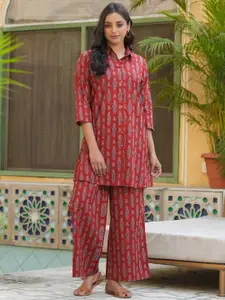 SANSKRUTIHOMES Red Printed Longline Pure Cotton Shirt with Lounge Pants