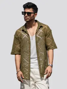 Powerlook Olive Green Ethnic Motifs Printed India Slim Oversize Cotton Casual Shirt