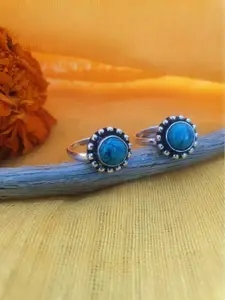 FIROZA Set of 2 Oxidised Silver-Toned & Turquoise Blue Circular Toe Rings