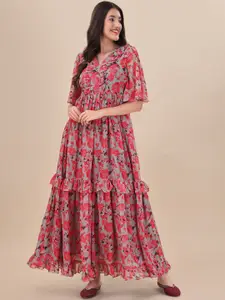 Inddus Printed Georgette Maxi Fit And Flare Dress