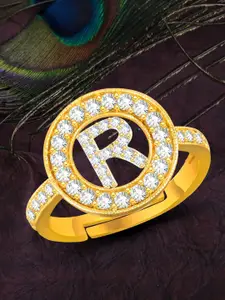 MEENAZ Gold-Plated CZ Studded Alphabet R Adjustable Ring