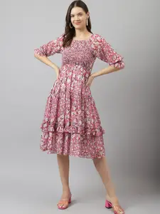 KERI PERRY Floral Printed Smoked Tiered Fit & Flare Georgette Dress