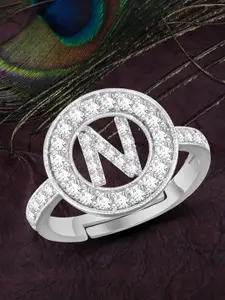 MEENAZ Silver-Plated American Diamond Studded Alphabet N Adjustable Ring