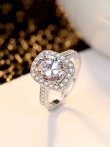 Jewels Galaxy Silver-Plated CZ Studded Adjustable Finger Ring