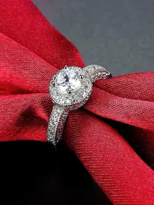 Jewels Galaxy Silver-Plated CZ Studded Adjustable Finger Ring