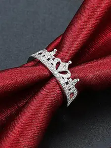 Jewels Galaxy Silver-Plated CZ-Studded Crown Shaped Adjustable Finger Ring