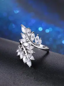 Jewels Galaxy Silver-Plated CZ-Studded Leaf Shaped Adjustable Finger Ring