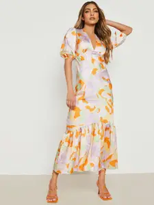 Boohoo Floral Print Puff Sleeve A-Line Midi Dress