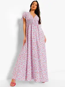 Boohoo Ditsy Floral Print Shirred Puff Sleeve Maxi Dress