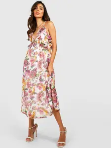 Boohoo Chiffon Floral Print Ruffled Midi Slip Dress