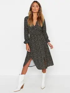 Boohoo Ditsy Floral Print Puff Sleeves Split Front Midi A-Line Dress