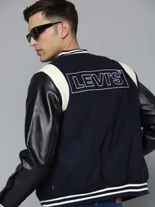 Levis Brand Logo Printed  Colourblocked Woollen With Leather Finish Varsity Jacket