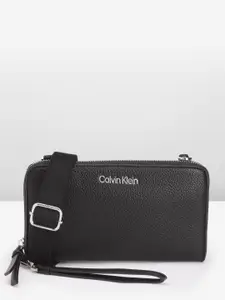 Calvin Klein Women Abstract Textured PU Zip Around Wallet With Sling Strap & Wrist Loop