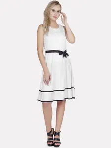 PATRORNA Round Neck Fit and Flare Belted Dress