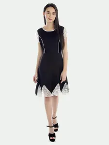 PATRORNA Round Neck Lace Inserts Flutter Sleevesa Fit and Flare Dress