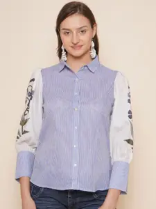 Bhama Couture Striped Cuffed Sleeves Shirt Style Cotton Top