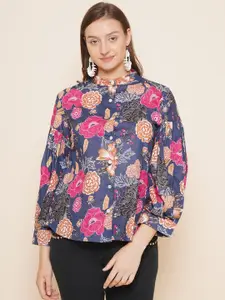 Bhama Couture Floral Printed Band Collar Cotton Shirt Style Top