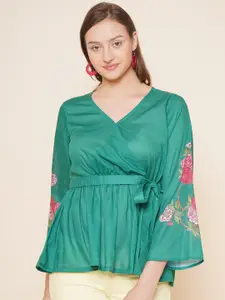 Bhama Couture Floral Printed V-Neck Flared Sleeves Cotton Wrap Top