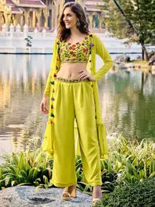 Mitera Embroidered Ethnic Crop Top With Palazzo & Shrug