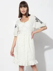 Vero Moda Self Design Raglan Sleeve Cotton A-Line Dress
