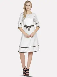 PATRORNA Round Neck Belted Cotton Fit & Flare Dress