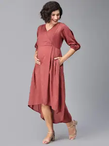 The Mom Store Self Design Puff Sleeves Cotton Maternity Fit & Flare Midi Dress