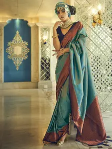 Mitera Green & Navy Blue Ethnic Motifs Woven Design Kanjeevaram Saree