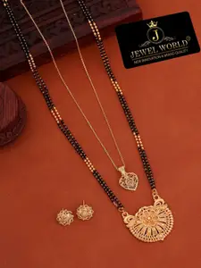 JEWEL WORLD Gold-Plated Beaded Mangalsutra With Chain & Earrings