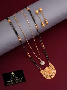 JEWEL WORLD Gold-Plated Stone Studded & Beaded Mangalsutra With Chain & Earrings