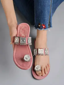 Shoetopia Ethnic Embellished Suede One Toe Flats