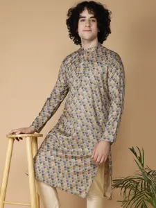 NAMASKAR Geometric Printed Mandarin Collar Silk Kurta