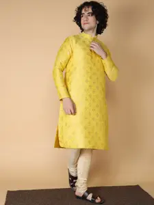 NAMASKAR Floral Woven Design Mandarin Collar Jacquard Kurta